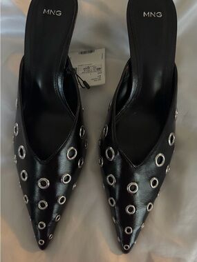 Mango Black Pointed Leather Mules with Silver Eyelet Hardware